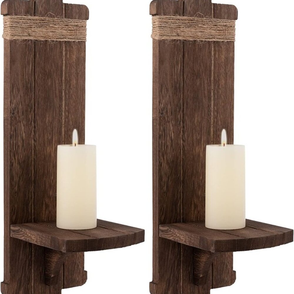 NEW  2Pcs Rustic Wall Hanging Candle Sconces- Farmhouse Wall Mounted Wooden - Picture 3 of 7
